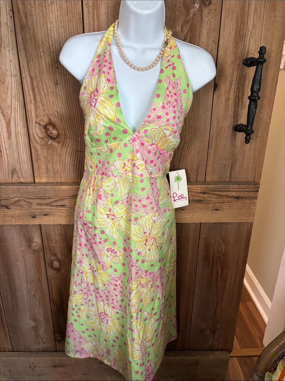 Lilly Pulitzer Green Pink Yellow Floral Halter Midi Dress